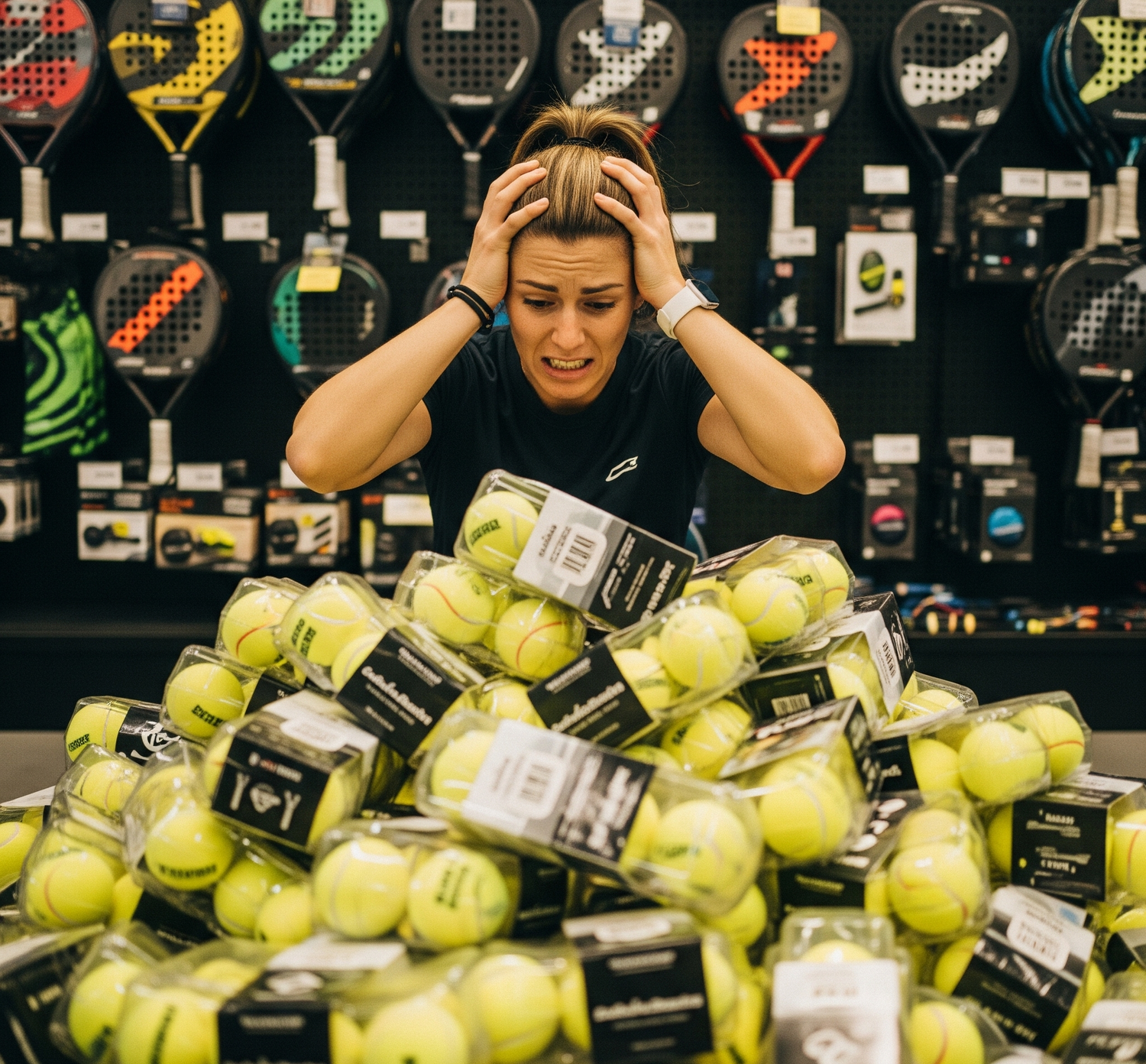 Person overwhelmed by a large pile of tennis balls in a store setting with paddle rackets on the wall.