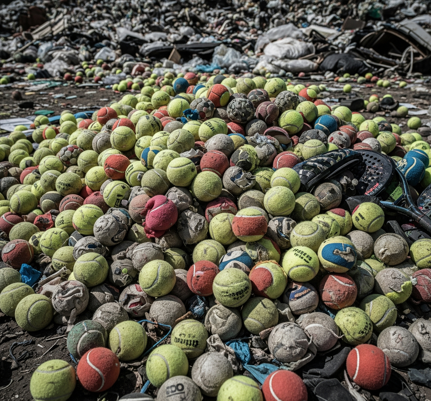 Pile of worn-out tennis balls and a pair of scissors on a rocky surface
